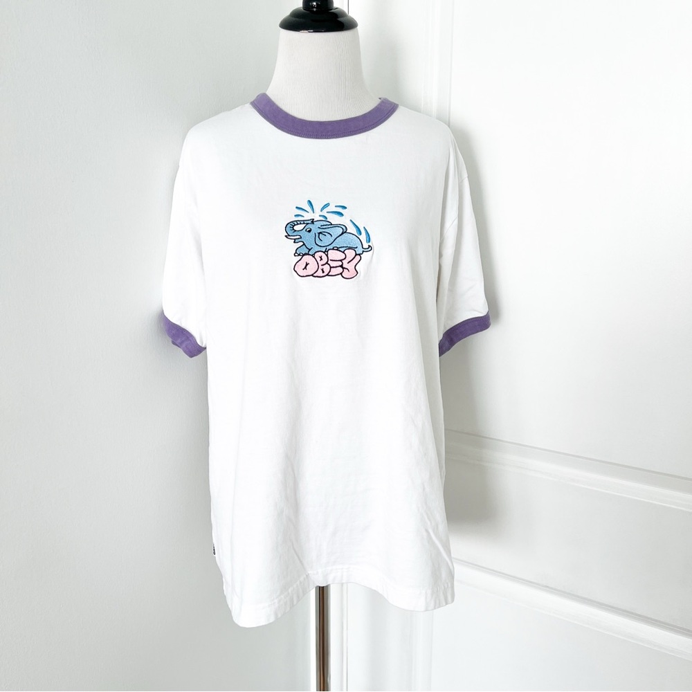 Obey White Embroidered Elephant Tee with Purple Trim - Medium